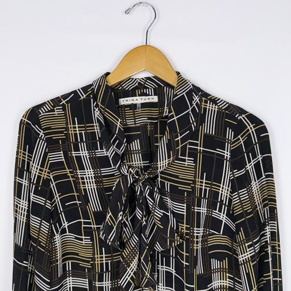 Trina Turk Women's Dame Abstract Plaid 100% Silk Tie Blouse Size 2 Black - Picture 4 of 12